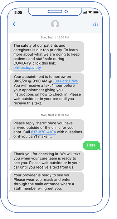 Pantalla de tel&eacute;fono m&oacute;vil con Philips Patient Manager que muestra los pasos necesarios para guiar a un paciente, empezando por la preparaci&oacute;n previa a la cita